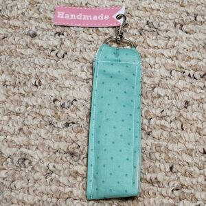 Handmade Green Polka Dot with Pink and White Flowers Key Fob